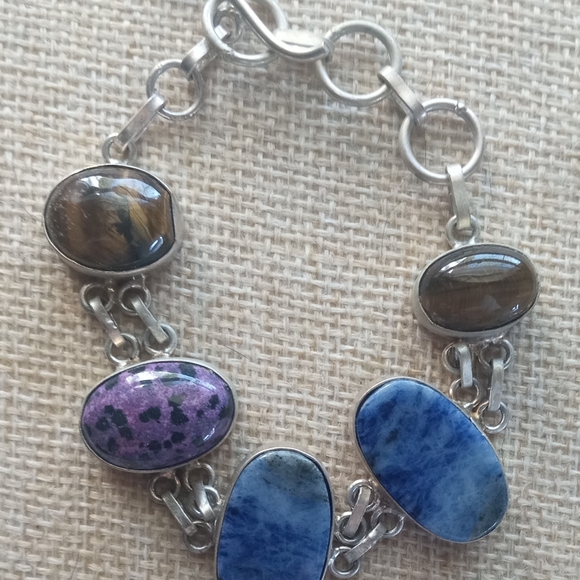 Sterling Silver Vintage Multi -Stone Tiger Eye, Sodalite Bracelet - Picture 1 of 12